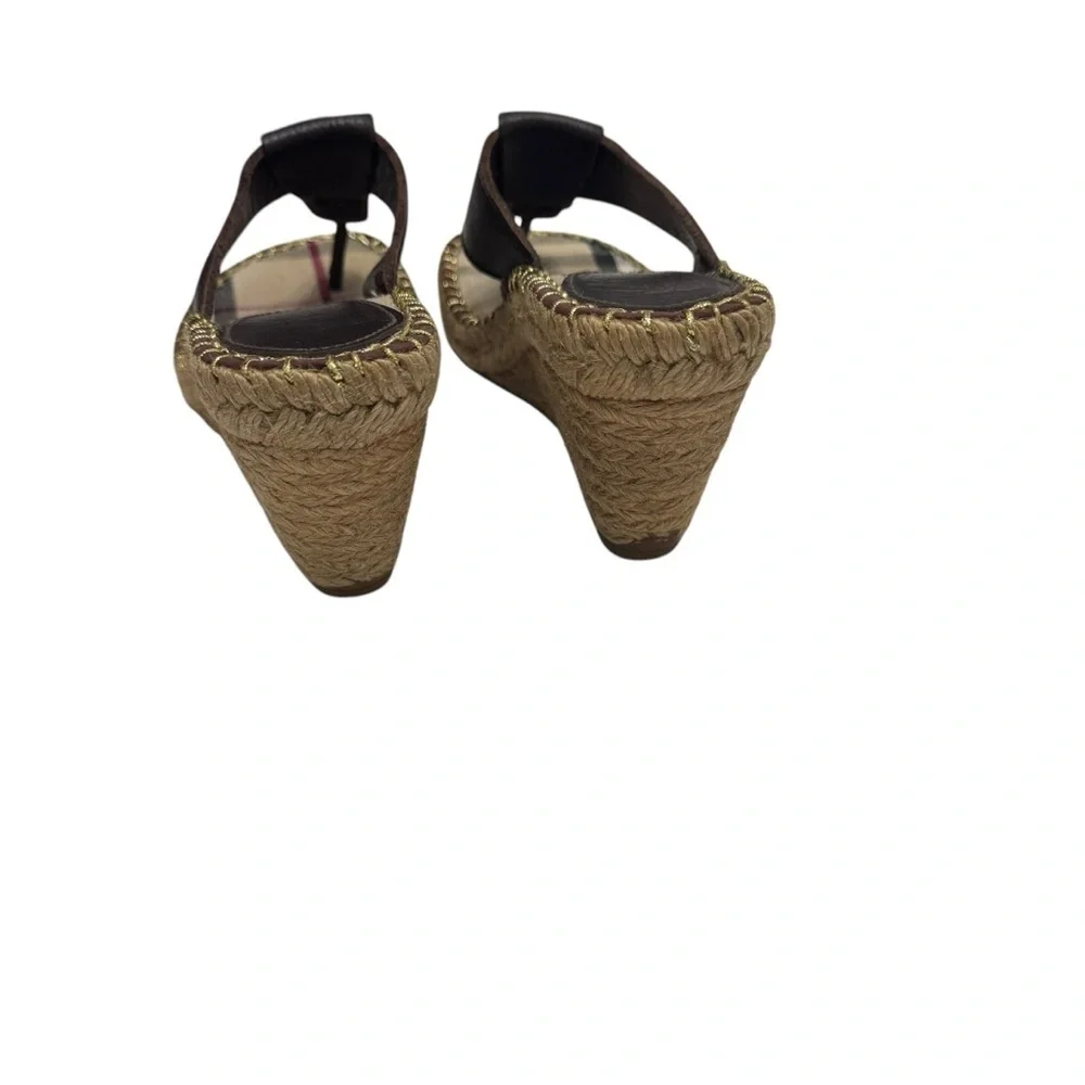 Burberry Nova Check‎ Brown Leather Espadrille Wedge Slides Sandals